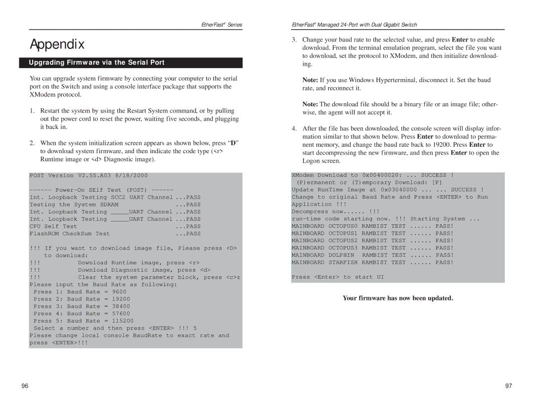 Linksys Etherfast manual Appendix, Upgrading Firmware via the Serial Port, Your firmware has now been updated 