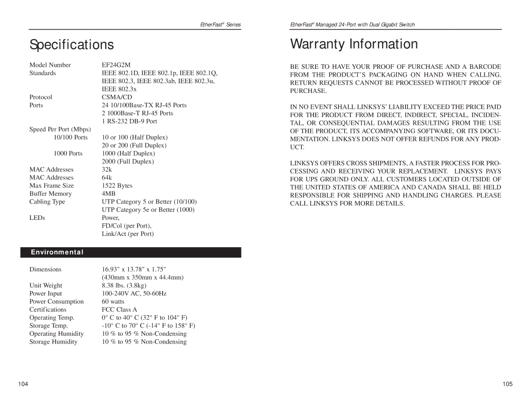 Linksys Etherfast manual Specifications, Warranty Information, Environmental 