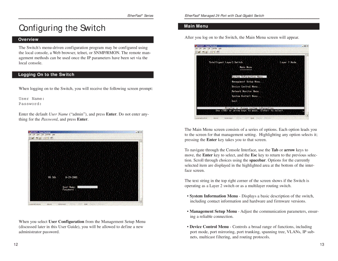 Linksys Etherfast manual Configuring the Switch, Logging On to the Switch, Main Menu 