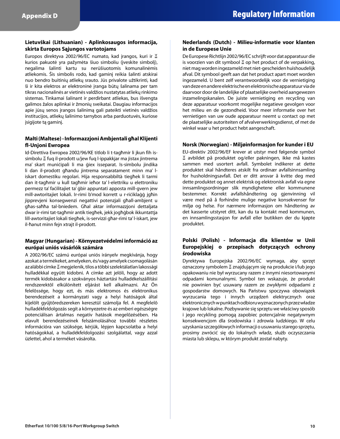 Linksys EZXS16W Regulatory Information, Appendix D, Nederlands Dutch - Milieu-informatie voor klanten in de Europese Unie 