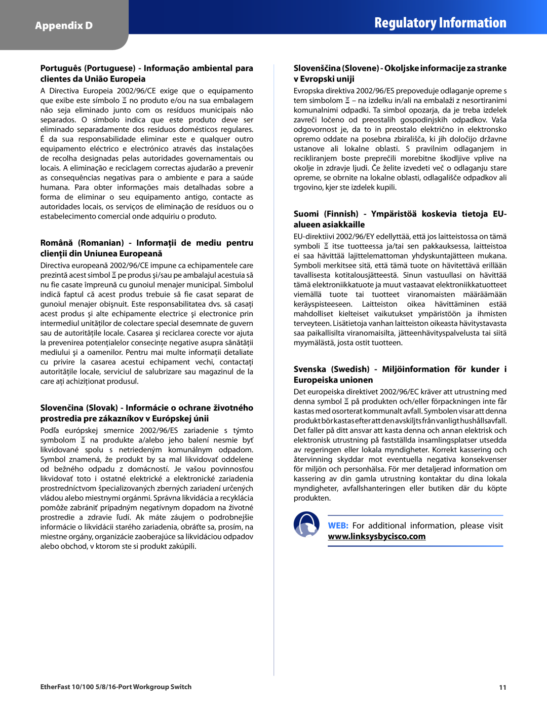 Linksys EZXS16W Regulatory Information, Appendix D, Suomi Finnish - Ympäristöä koskevia tietoja EU- alueen asiakkaille 