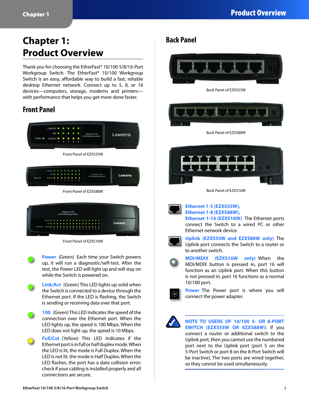 Linksys EZXS16W manual Chapter Product Overview, Front Panel, Back Panel 
