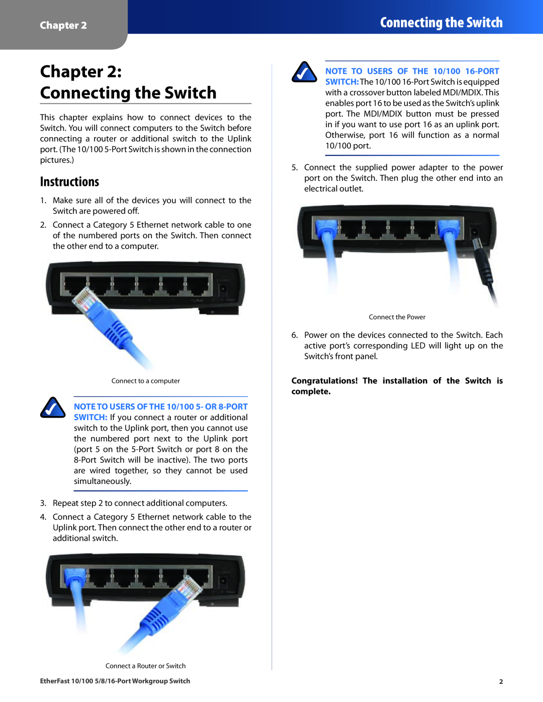 Linksys EZXS16W manual Connecting the Switch, Instructions, Chapter 