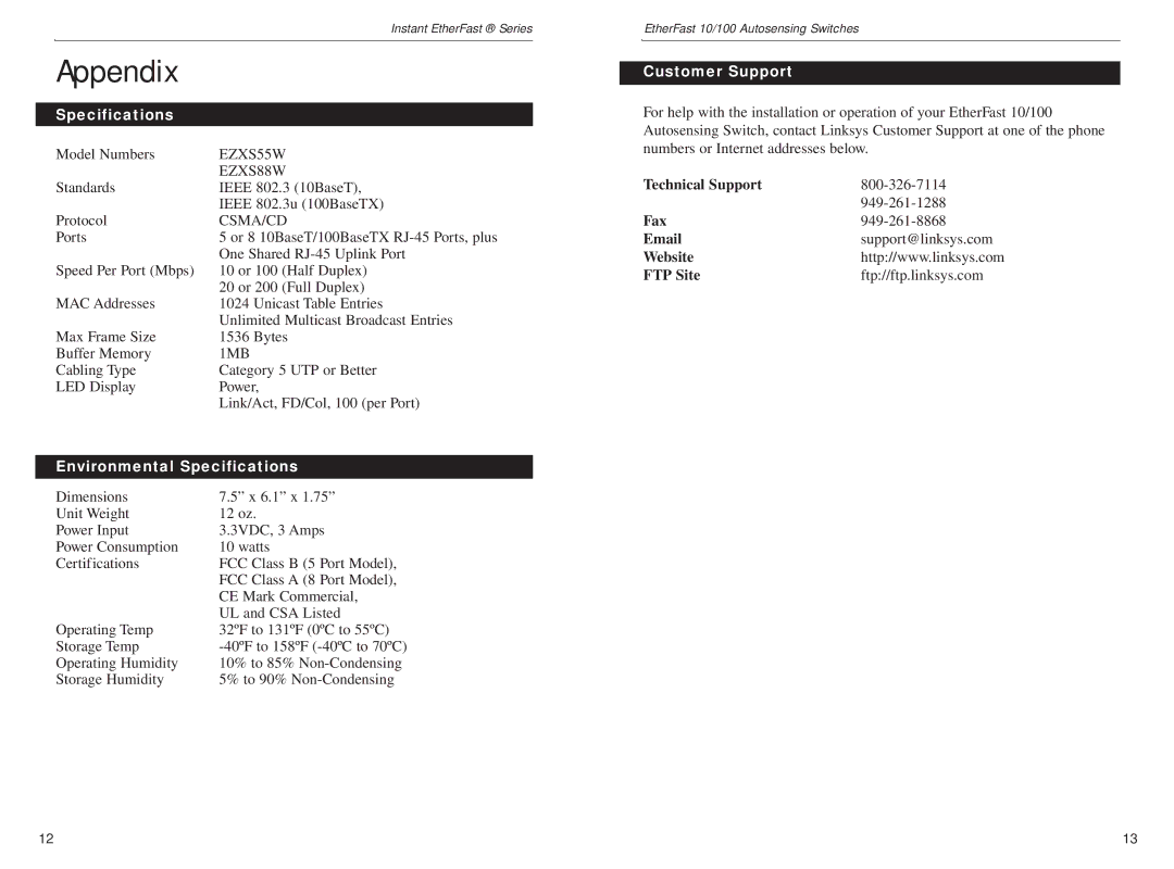 Linksys EZXS55W, EZXS88W manual Appendix, Environmental Specifications, Customer Support 