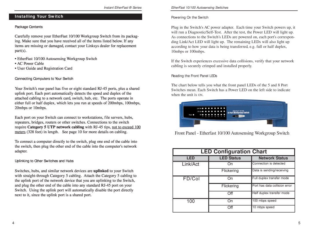 Linksys EZXS55W, EZXS88W Link/Act, FD/Col, Installing Your Switch, LED Status, Network Status, LED Configuration Chart 