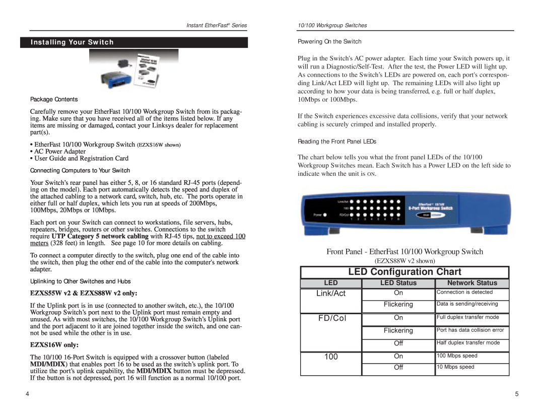 Linksys EZXS55W v2, EZXS88W v2, EZXS16W manual Installing Your Switch, LED Status, Network Status, LED Configuration Chart 