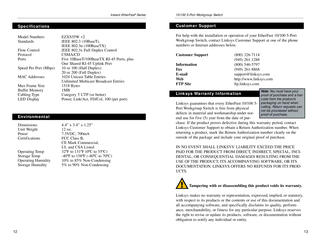 Linksys EZXS55W v2, EZXS88W v2 manual Specifications, Environmental, Customer Support, Linksys Warranty Information 