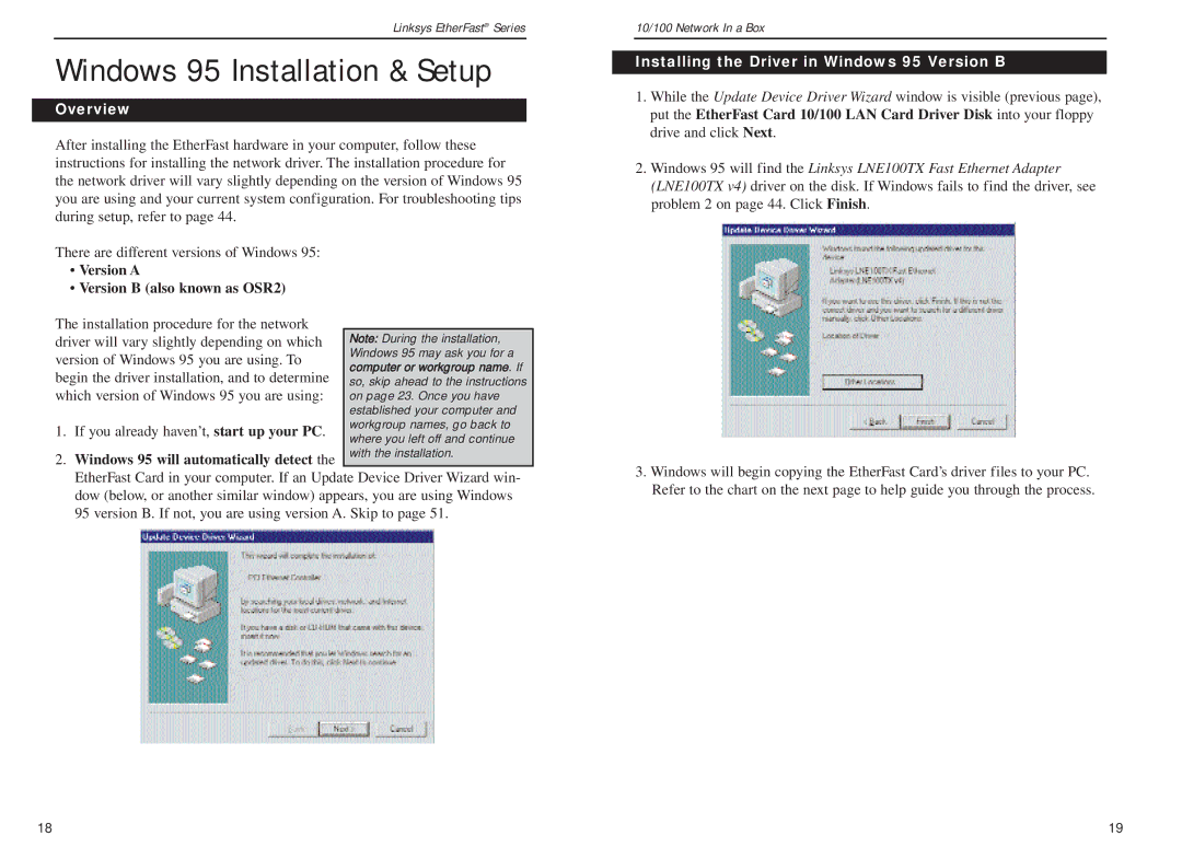 Linksys FENSK05 v2 manual Windows 95 Installation & Setup, Version a Version B also known as OSR2 