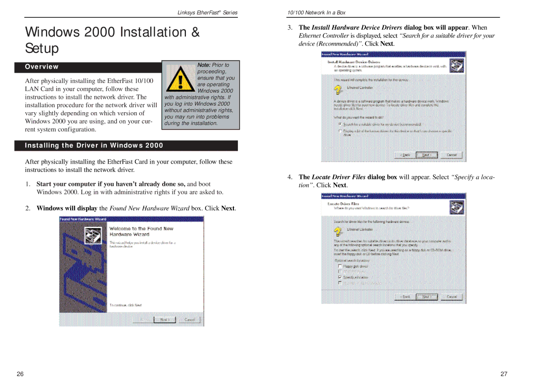 Linksys FENSK05 v2 manual Windows 2000 Installation & Setup, Installing the Driver in Windows 