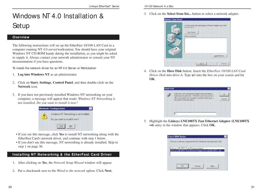 Linksys FENSK05 v2 manual Windows NT 4.0 Installation & Setup, Log into Windows NT as an administrator 