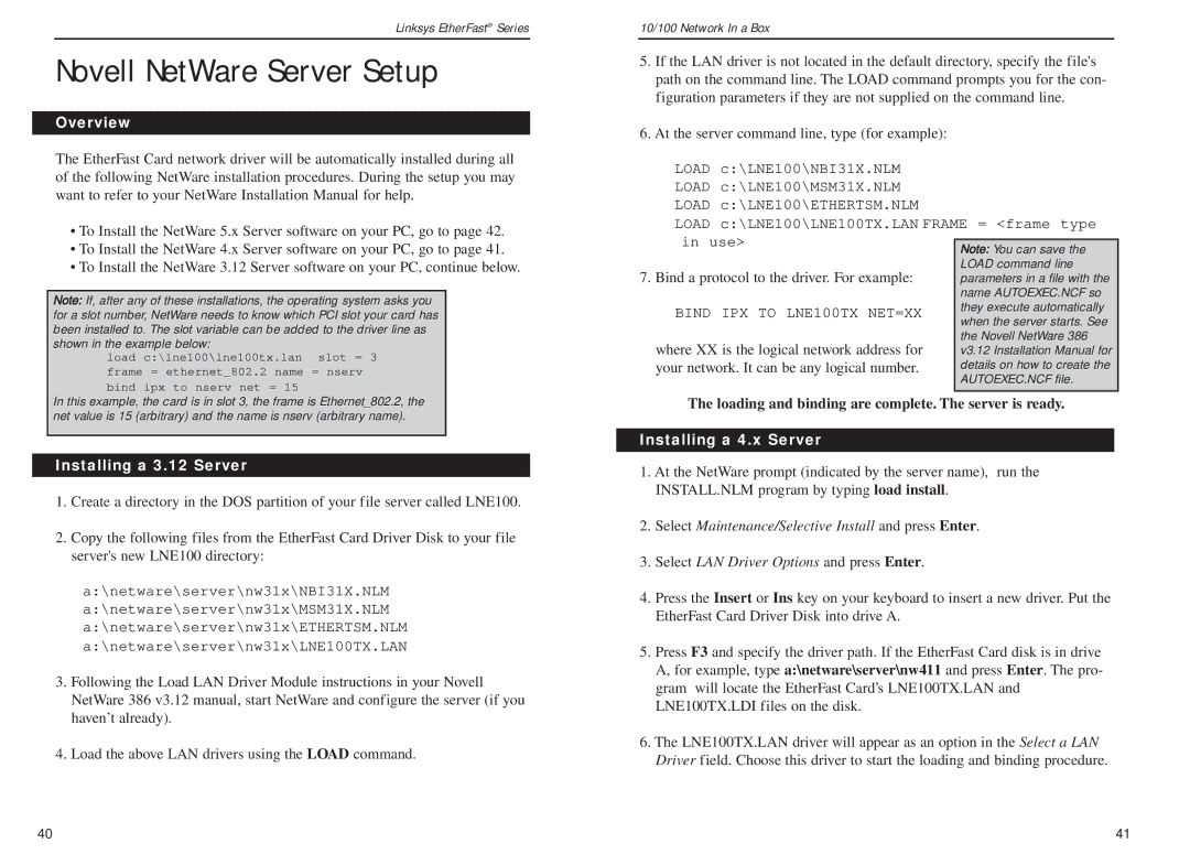 Linksys FENSK05 v2 manual Novell NetWare Server Setup, Installing a 3.12 Server, Installing a 4.x Server 