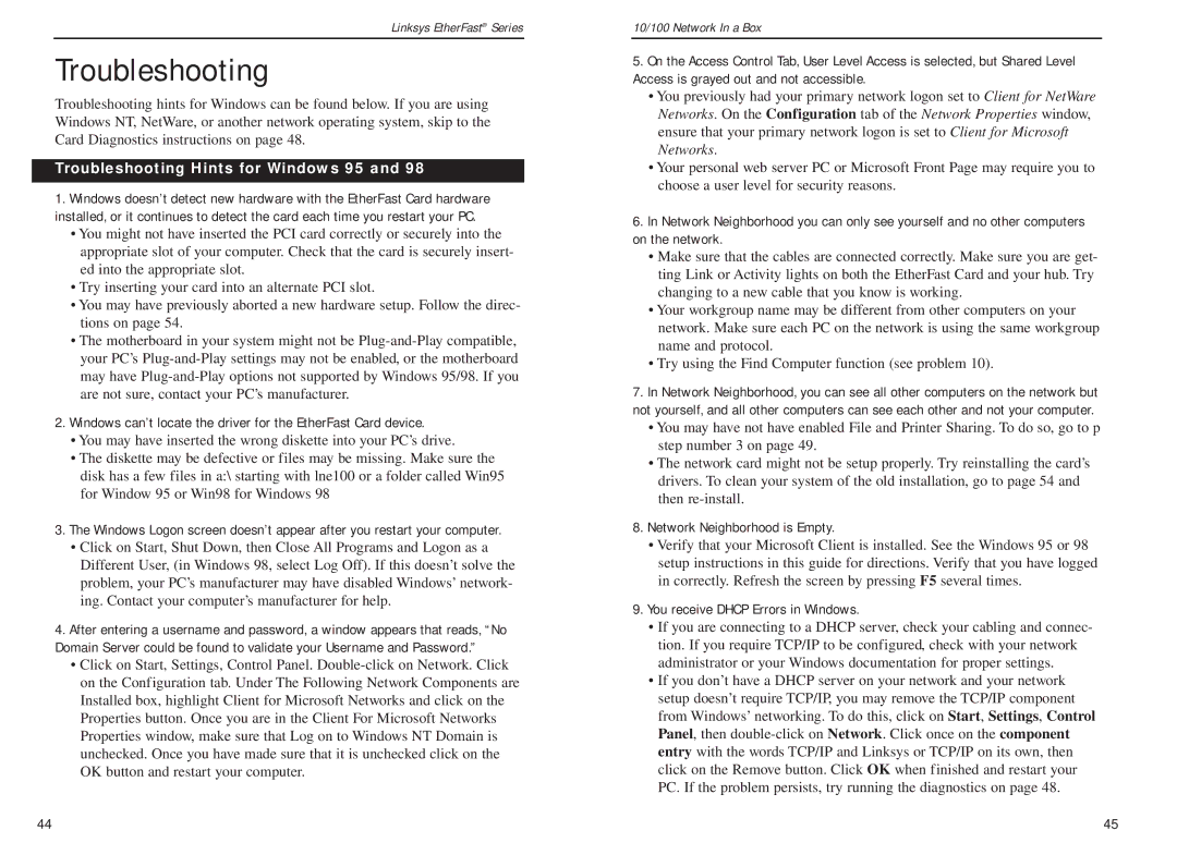 Linksys FENSK05 v2 manual Troubleshooting Hints for Windows 95, Network Neighborhood is Empty 