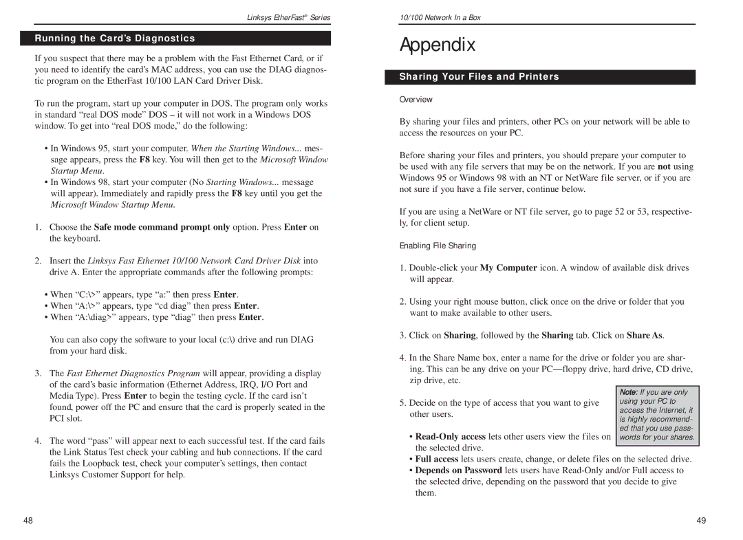 Linksys FENSK05 v2 manual Appendix, Running the Card’s Diagnostics, Sharing Your Files and Printers, Overview 