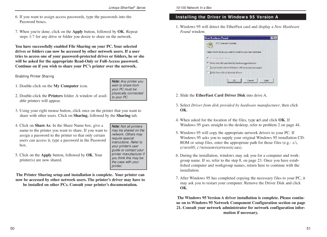 Linksys FENSK05 v2 manual Installing the Driver in Windows 95 Version a, Enabling Printer Sharing 