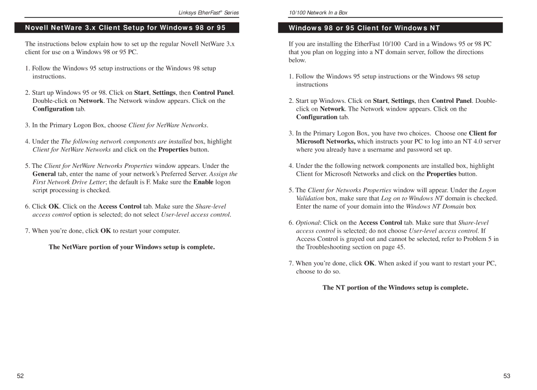 Linksys FENSK05 v2 Novell NetWare 3.x Client Setup for Windows 98 or, NetWare portion of your Windows setup is complete 