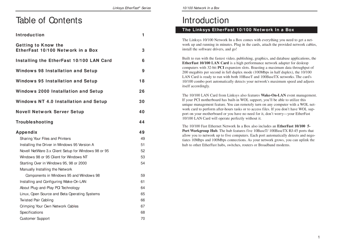 Linksys FENSK05 v2 manual Table of Contents, Introduction 