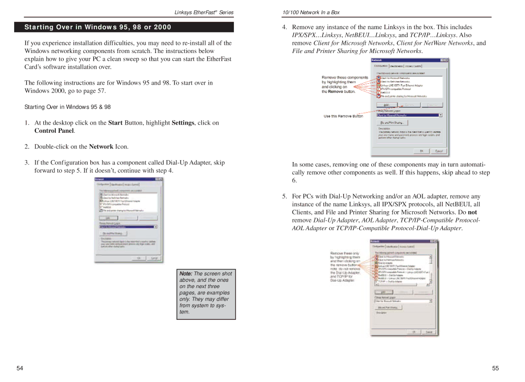 Linksys FENSK05 v2 manual Starting Over in Windows 95, 98 or 