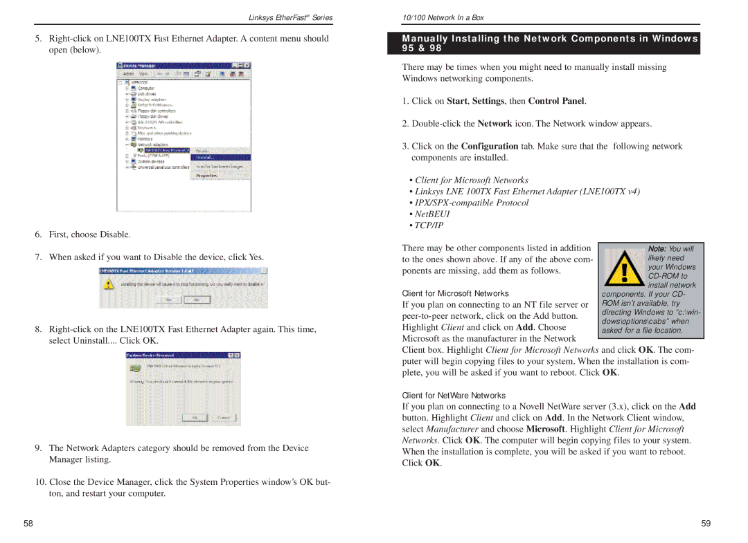 Linksys FENSK05 v2 Manually Installing the Network Components in Windows 95, Click on Start, Settings, then Control Panel 