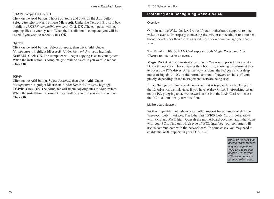 Linksys FENSK05 v2 manual IPX/SPX-compatible Protocol, NetBEUI, Installing and Configuring Wake-On-LAN, Motherboard Support 