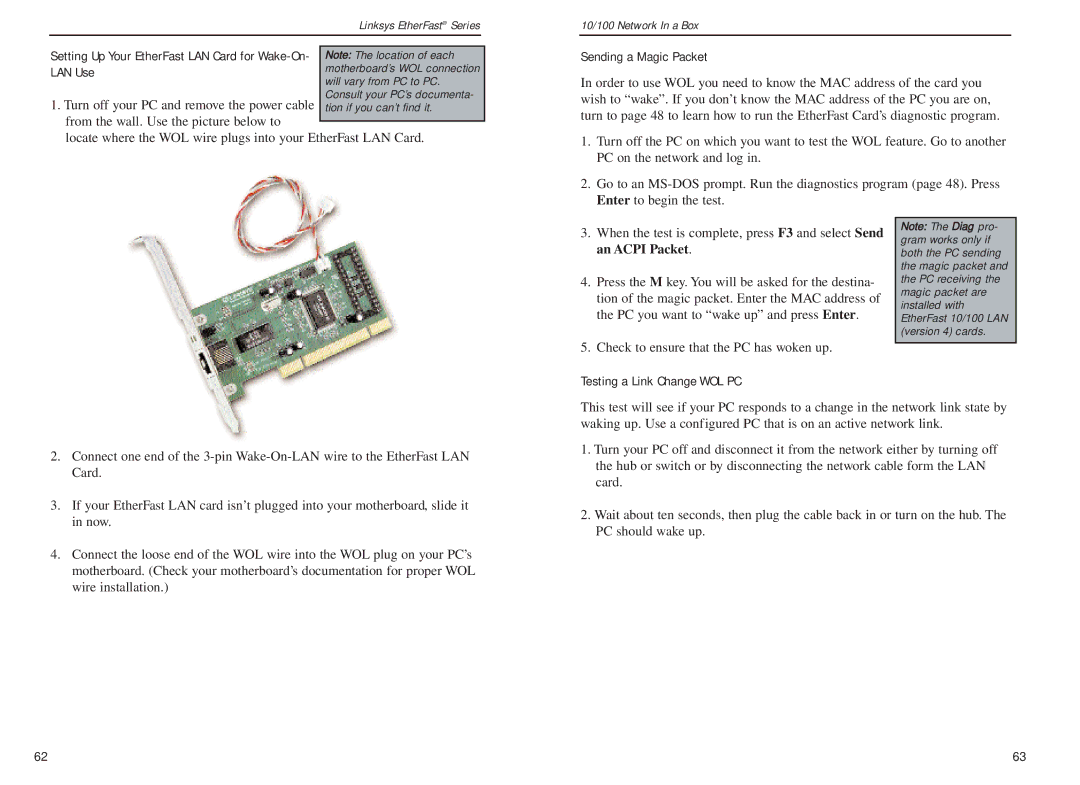 Linksys FENSK05 v2 manual LAN Use, Sending a Magic Packet, Testing a Link Change WOL PC 