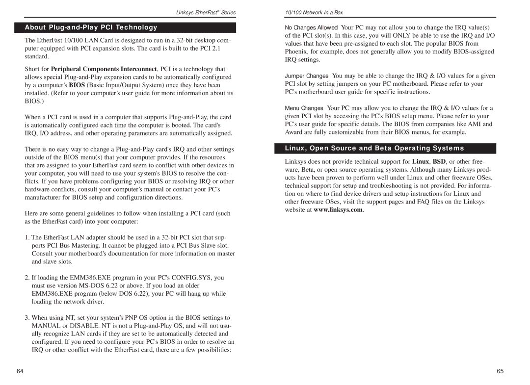 Linksys FENSK05 v2 manual About Plug-and-Play PCI Technology, Linux, Open Source and Beta Operating Systems 