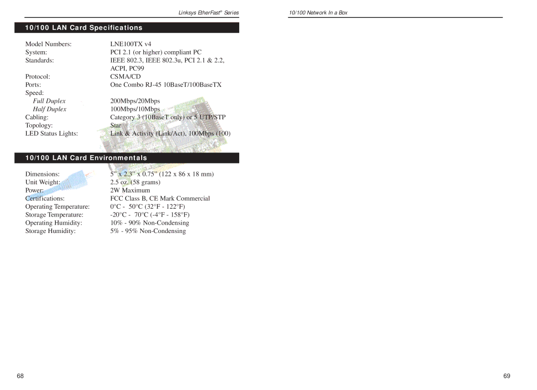 Linksys FENSK05 v2 manual 10/100 LAN Card Specifications, 10/100 LAN Card Environmentals 