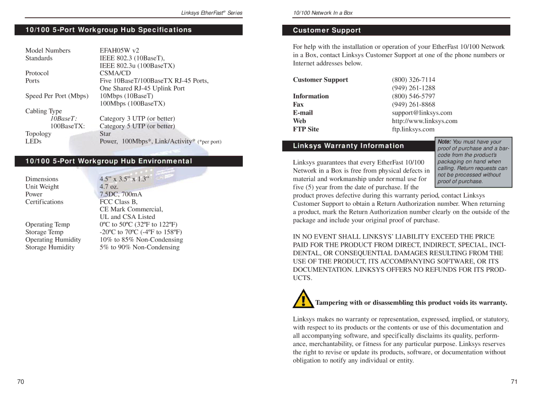 Linksys FENSK05 v2 10/100 5-Port Workgroup Hub Specifications, 10/100 5-Port Workgroup Hub Environmental, Customer Support 