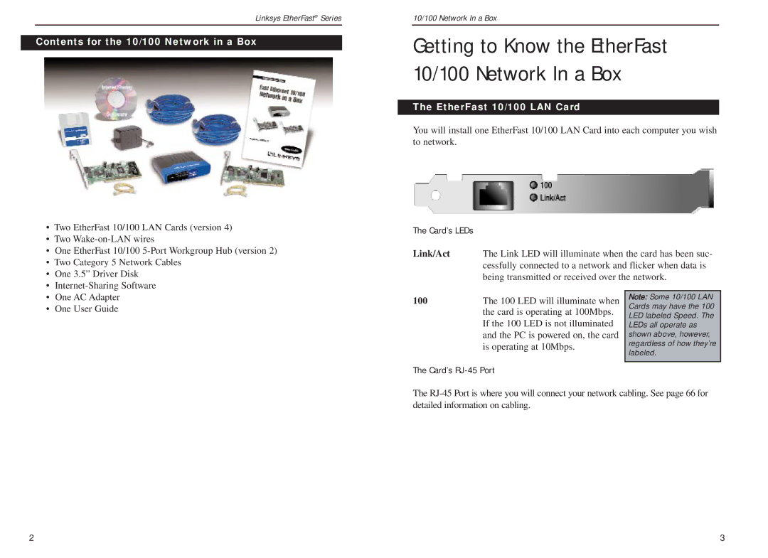 Linksys FENSK05 v2 manual Contents for the 10/100 Network in a Box, EtherFast 10/100 LAN Card, Link/Act, Card’s RJ-45 Port 