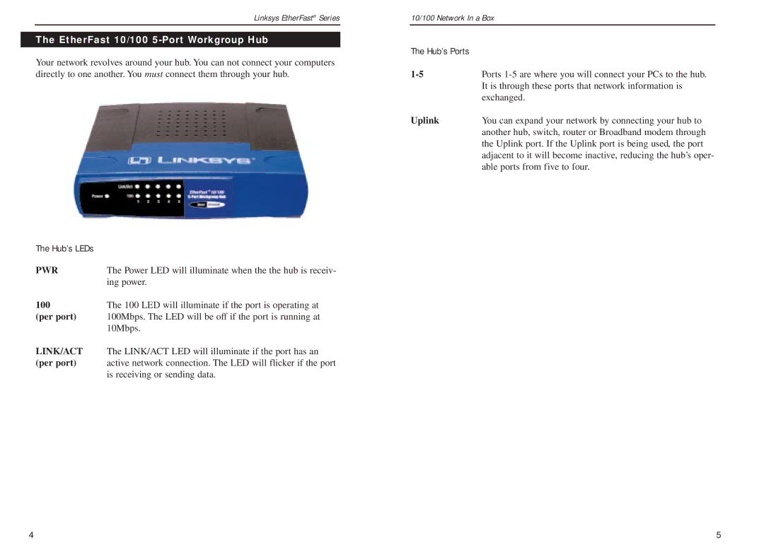 Linksys FENSK05 v2 manual EtherFast 10/100 5-Port Workgroup Hub, Hub’s LEDs, Per port, Hub’s Ports, Uplink 