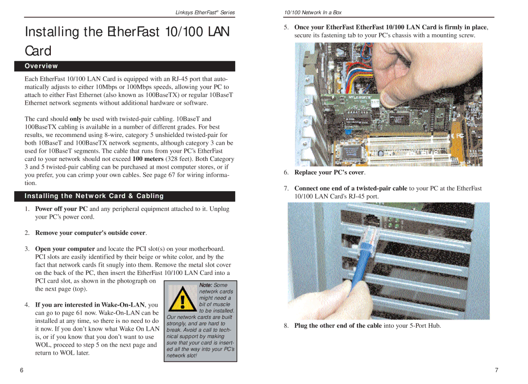 Linksys FENSK05 v2 manual Installing the EtherFast 10/100 LAN Card, Overview, Installing the Network Card & Cabling 