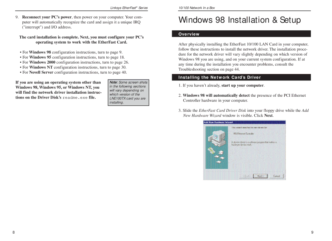 Linksys FENSK05 v2 manual Windows 98 Installation & Setup, Installing the Network Card’s Driver 