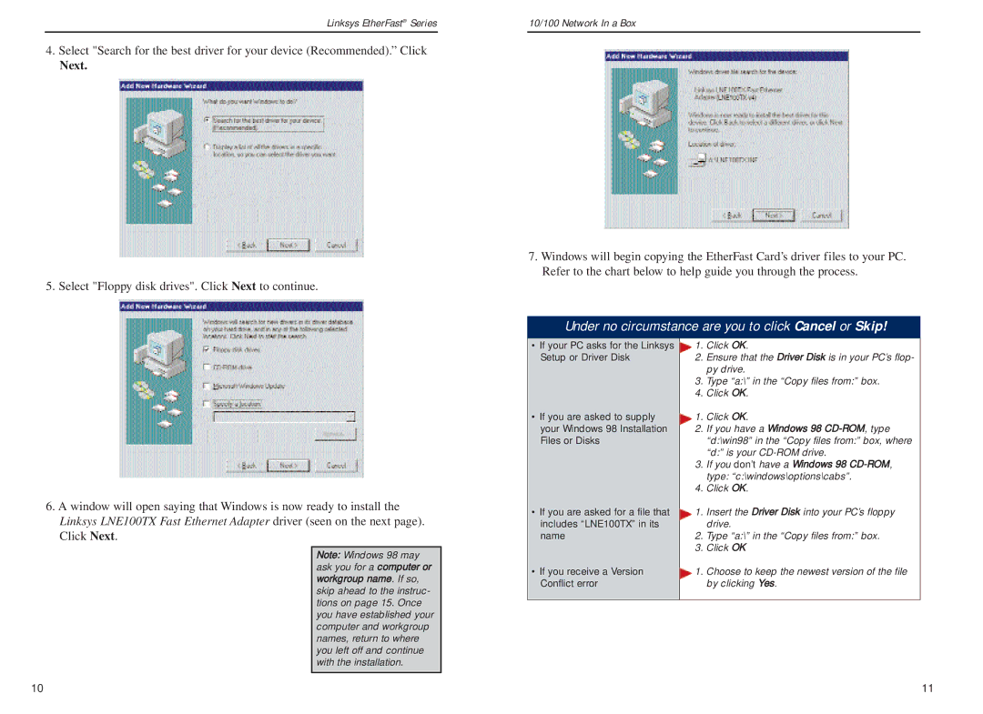 Linksys FENSK05 v2 manual Under no circumstance are you to click Cancel or Skip, Next 