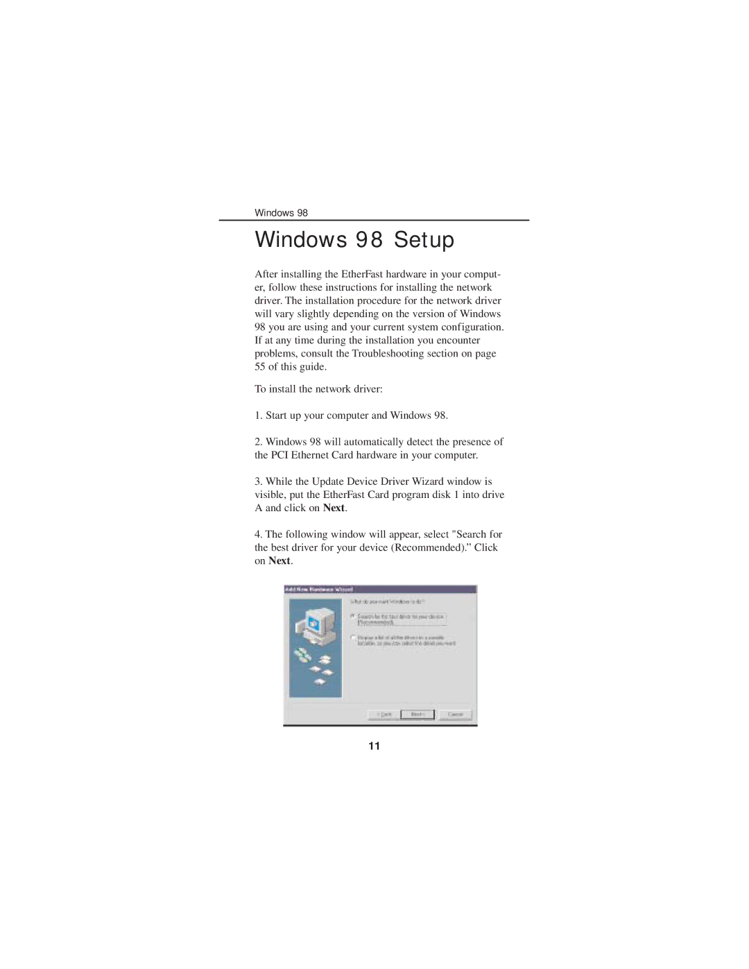 Linksys FENSK05 manual Windows 98 Setup 