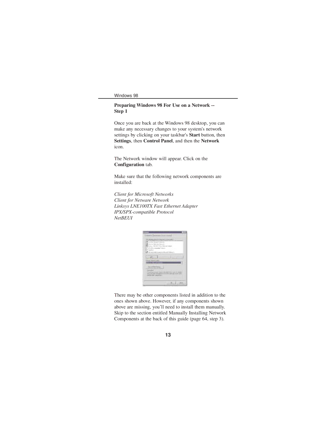 Linksys FENSK05 manual Preparing Windows 98 For Use on a Network -- Step 