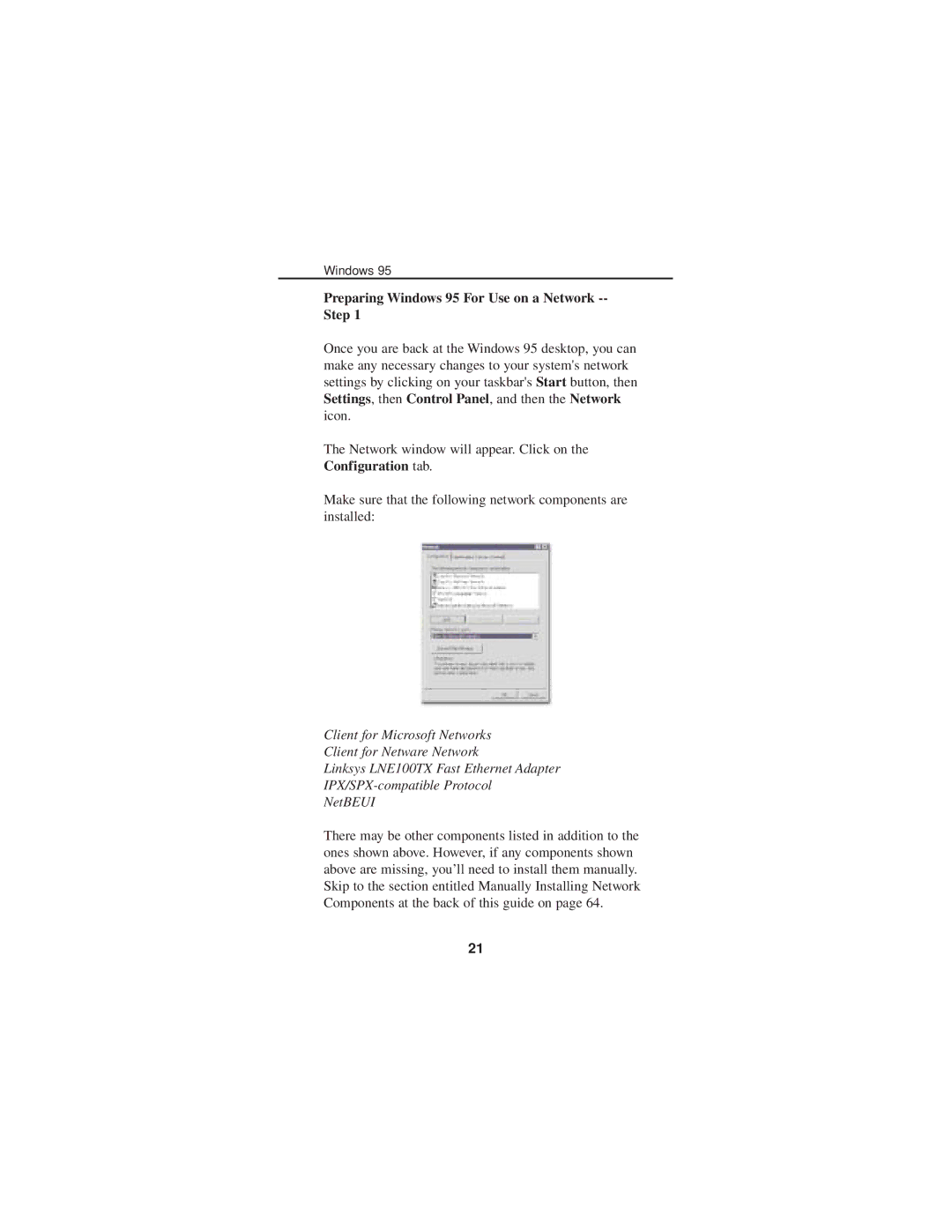 Linksys FENSK05 manual Preparing Windows 95 For Use on a Network -- Step 