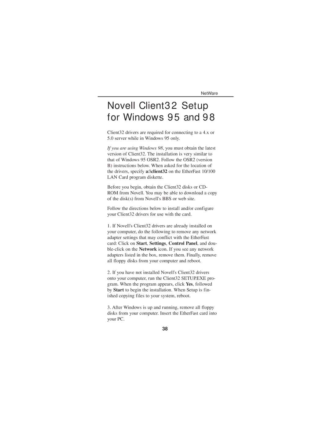 Linksys FENSK05 manual Novell Client32 Setup for Windows 95 