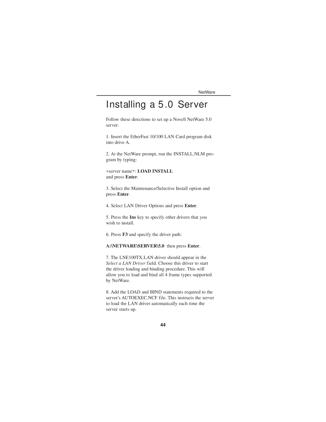 Linksys FENSK05 manual Installing a 5.0 Server, NETWARE\SERVER\5.0 then press Enter 