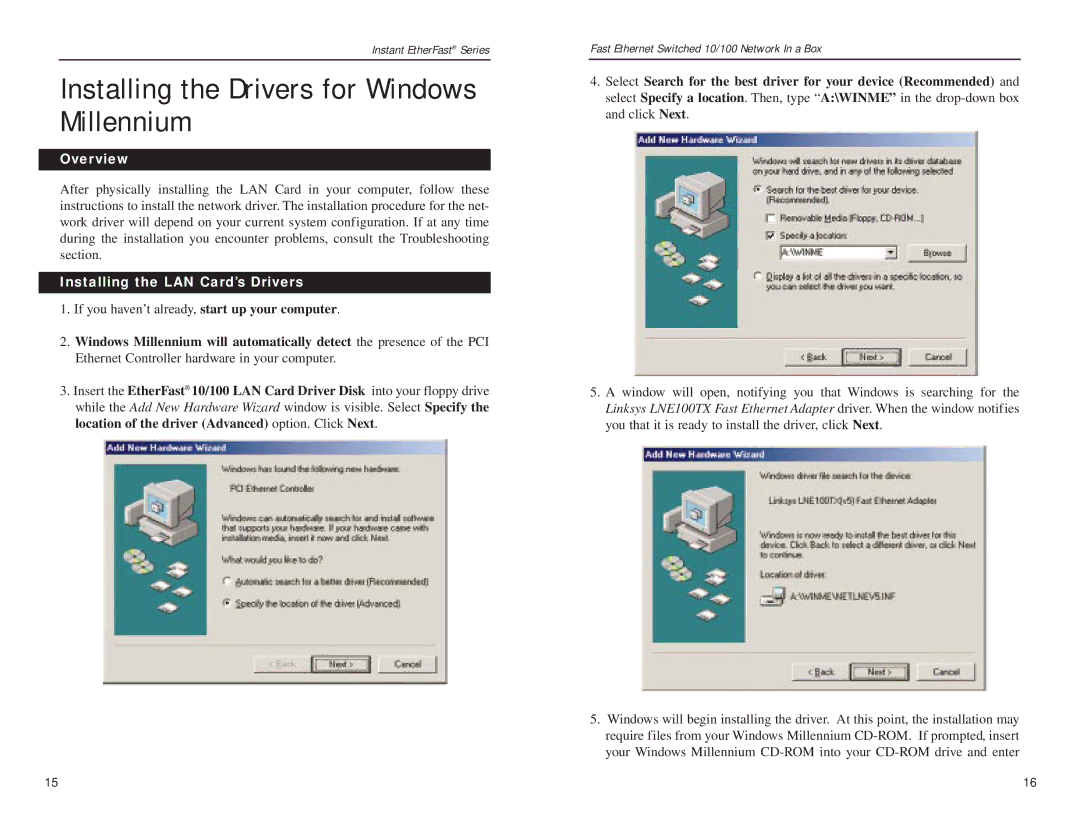 Linksys EZXS55W manual Installing the Drivers for Windows Millennium, Installing the NetworkLAN Card’sCard’sDriversDriver 