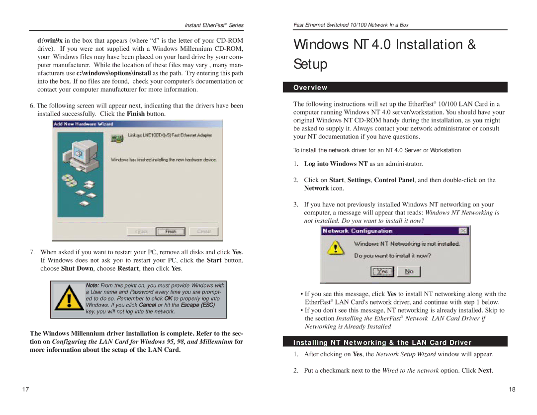 Linksys FESWSK05 v3, EZXS55W manual Windows NT 4.0 Installation & Setup, Log into Windows NT as an administrator 