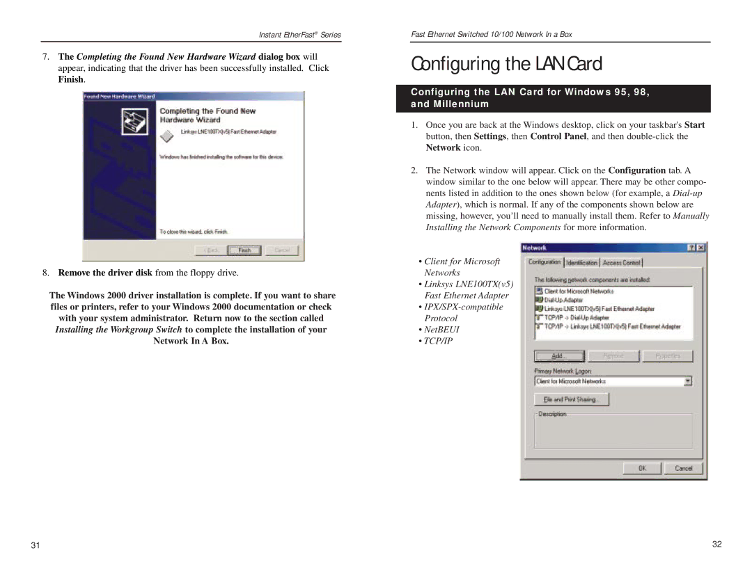 Linksys EZXS55W, FESWSK05 v3 manual Configuring the LAN Card for Windows 95, 98, and Millennium 