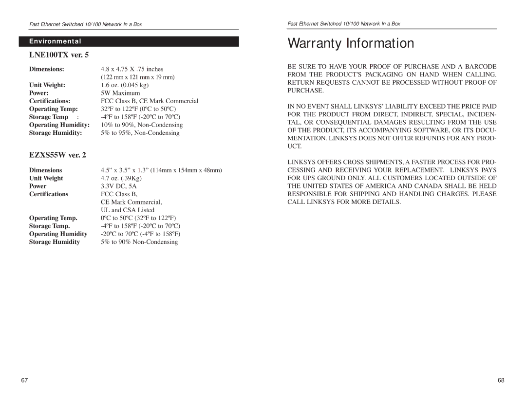 Linksys EZXS55W, FESWSK05 v3 manual Warranty Information, Environmental 