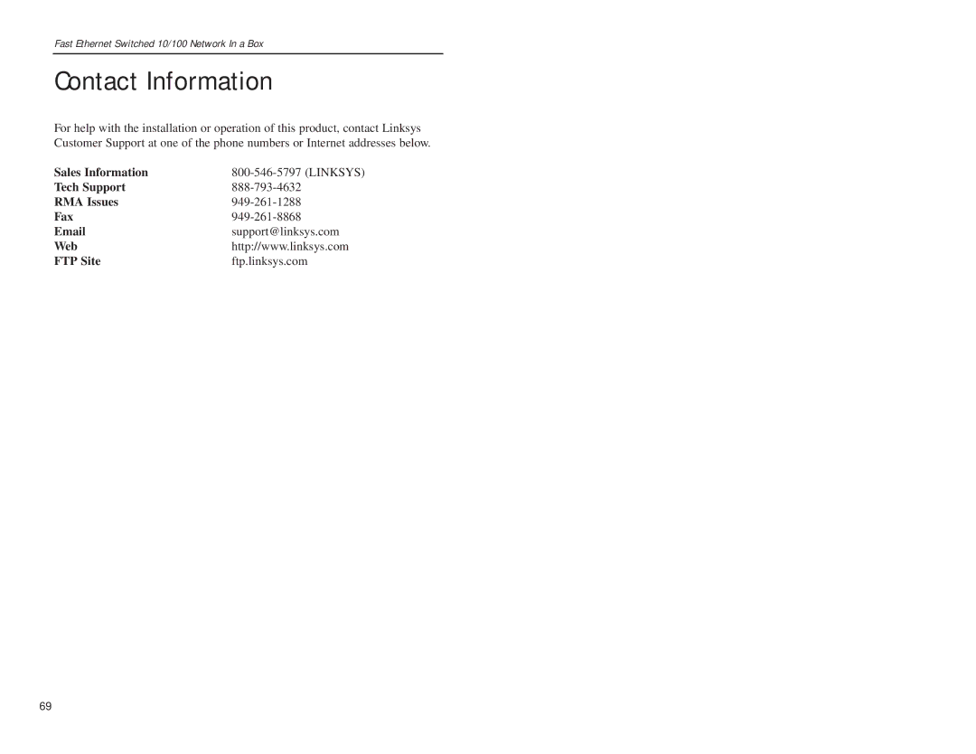 Linksys FESWSK05 v3, EZXS55W manual Contact Information, Sales Information, Tech Support RMA Issues Fax, Web FTP Site 