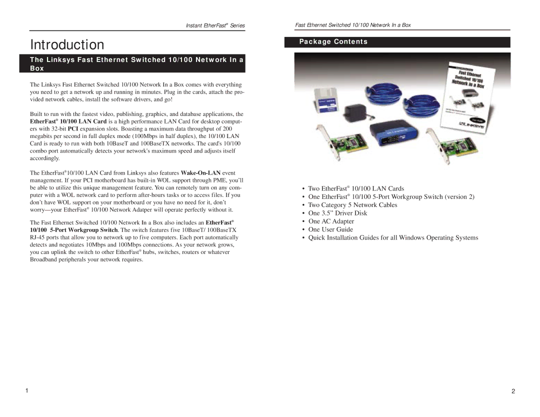 Linksys FESWSK05 v3, EZXS55W manual Introduction, Linksys Fast Ethernet Switched 10/100 Network In a Box, Package Contents 