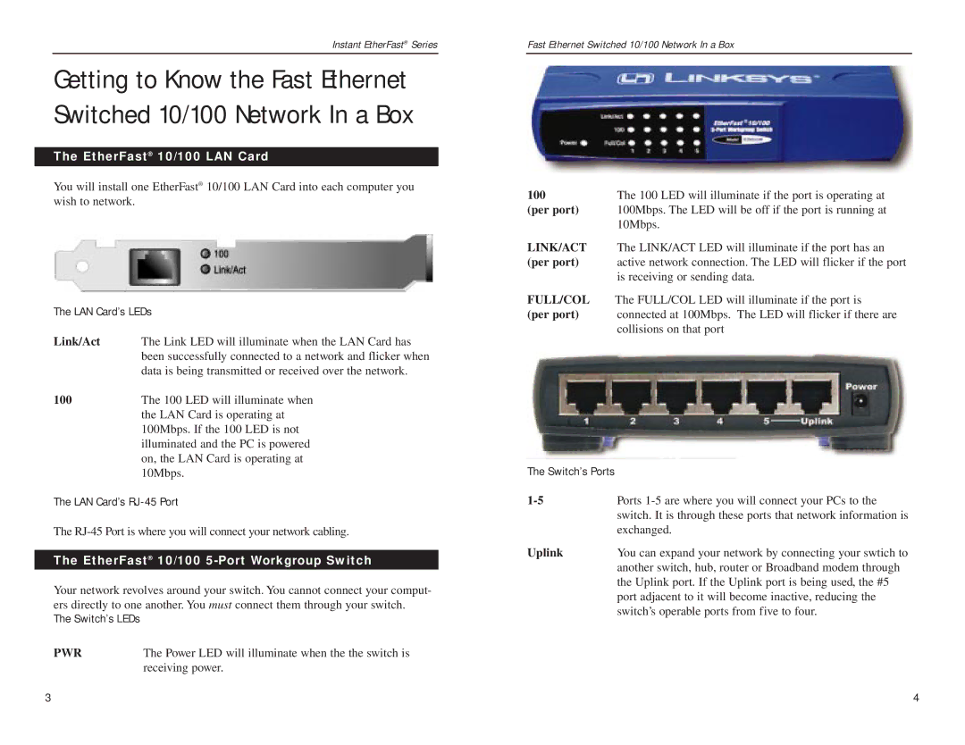 Linksys EZXS55W, FESWSK05 v3 manual EtherFast 10/100 LAN Card, EtherFast 10/100 5-Port Workgroup Switch, Per port, Uplink 