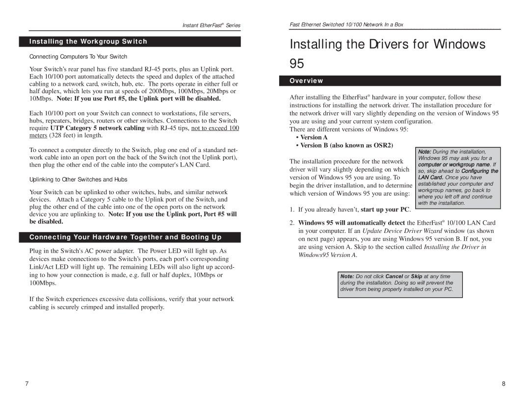 Linksys EZXS55W Installing the Workgroup Switch, Be disabled, Connecting Your Hardware Together and Booting Up, Overview 