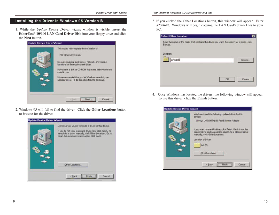 Linksys FESWSK05 v3, EZXS55W manual Installing the Driver in Windows 95 Version B 