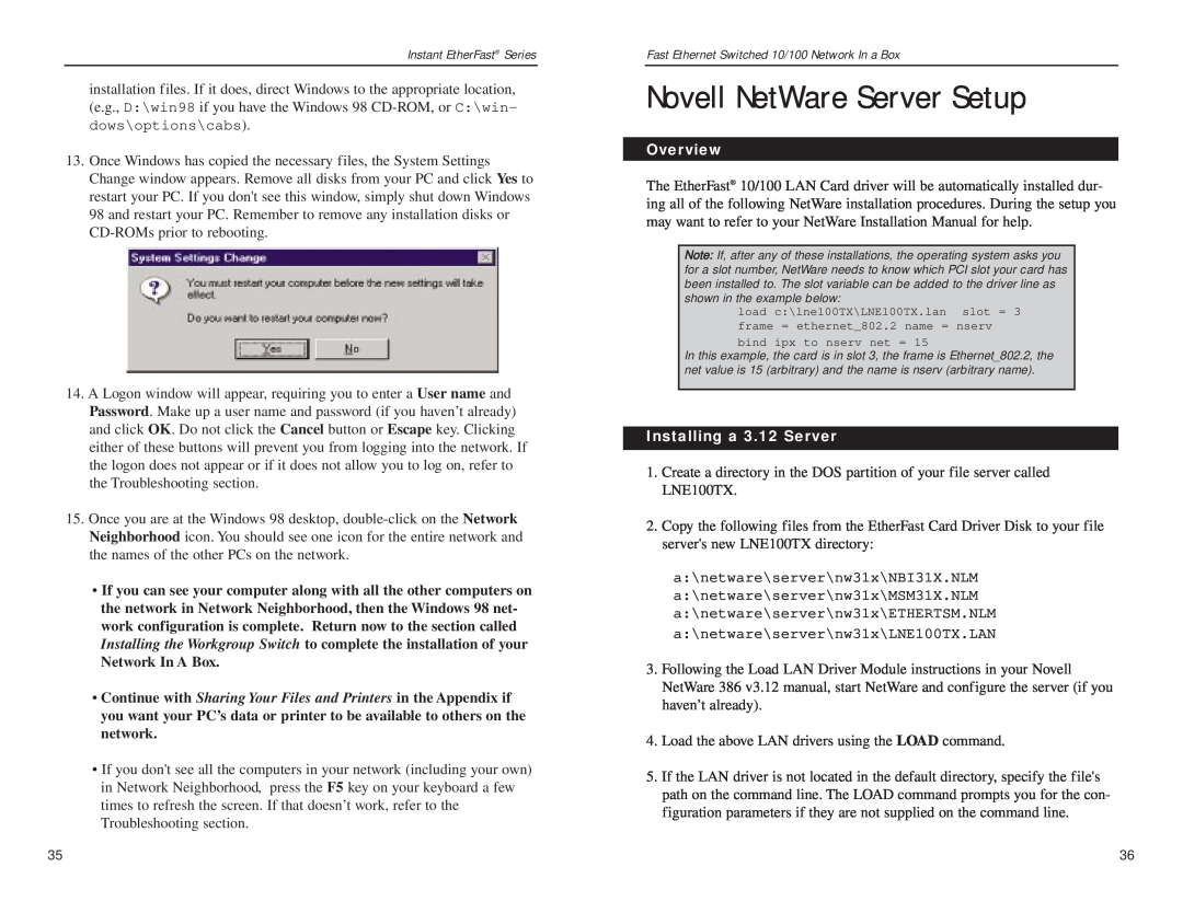 Linksys EZXS55W, FESWSK05 v3 manual Novell NetWare Server Setup, Installing a 3.12 Server, Overview 
