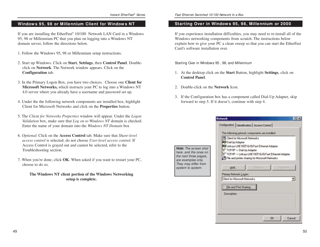Linksys FESWSK05 v3 Windows 95, 98 or Millennium Client for Windows NT, Starting Over in Windows 95, 98, Millennium or 