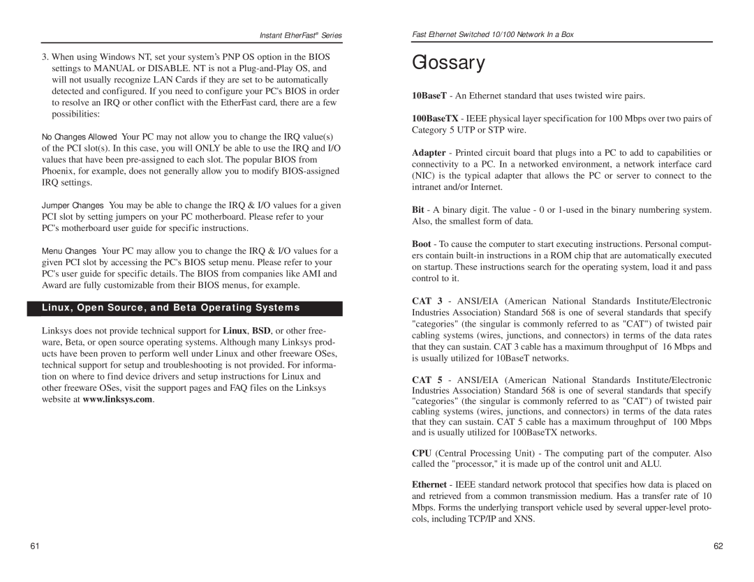 Linksys FESWSK05 v3, EZXS55W manual Glossary, Linux, Open Source, and Beta Operating Systems 
