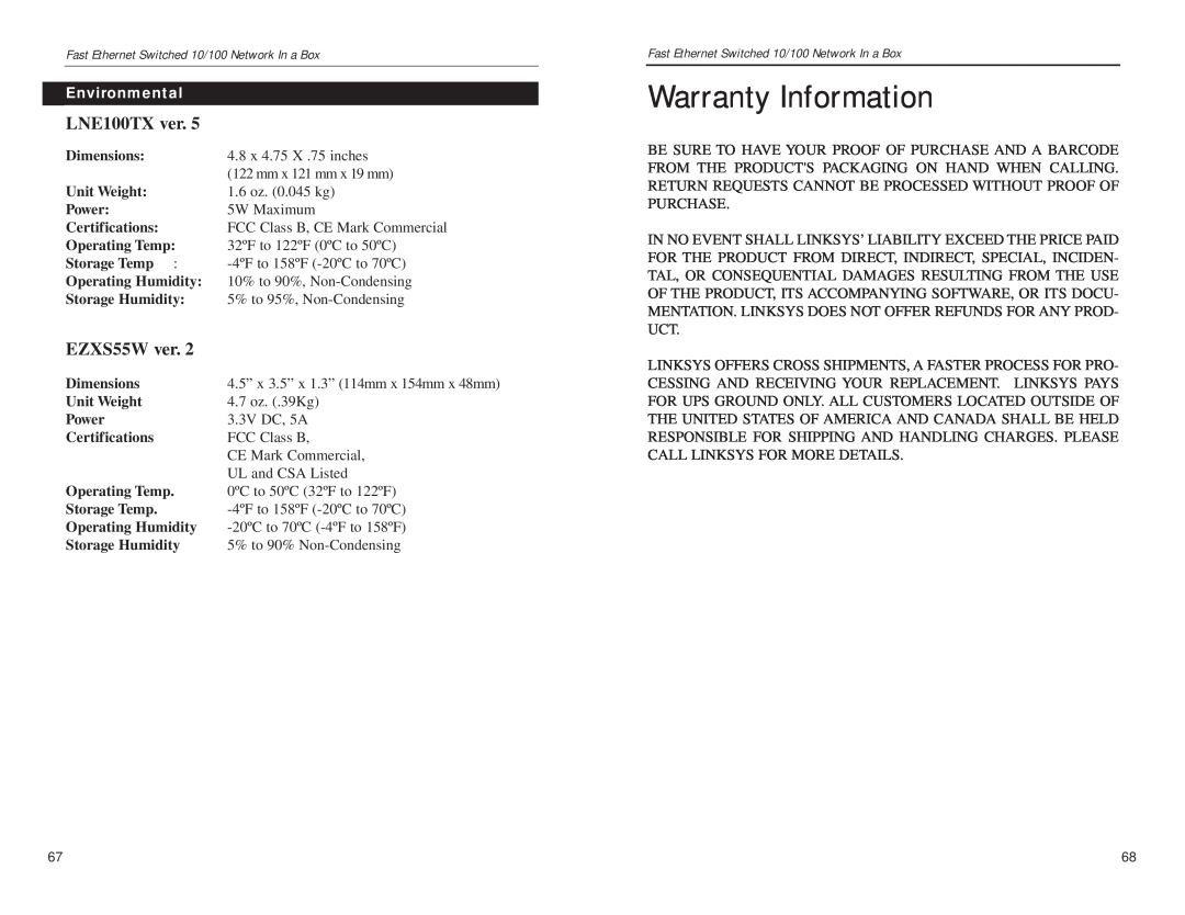 Linksys FESWSK05 v3 manual Warranty Information, Environmental, LNE100TX ver, EZXS55W ver 